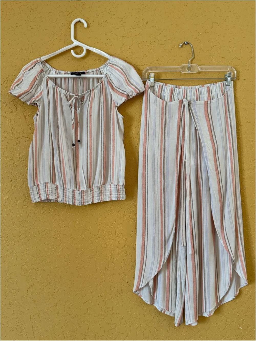 BCX Striped Two-Piece Wide-Leg Set — Cream, Peach & Gray